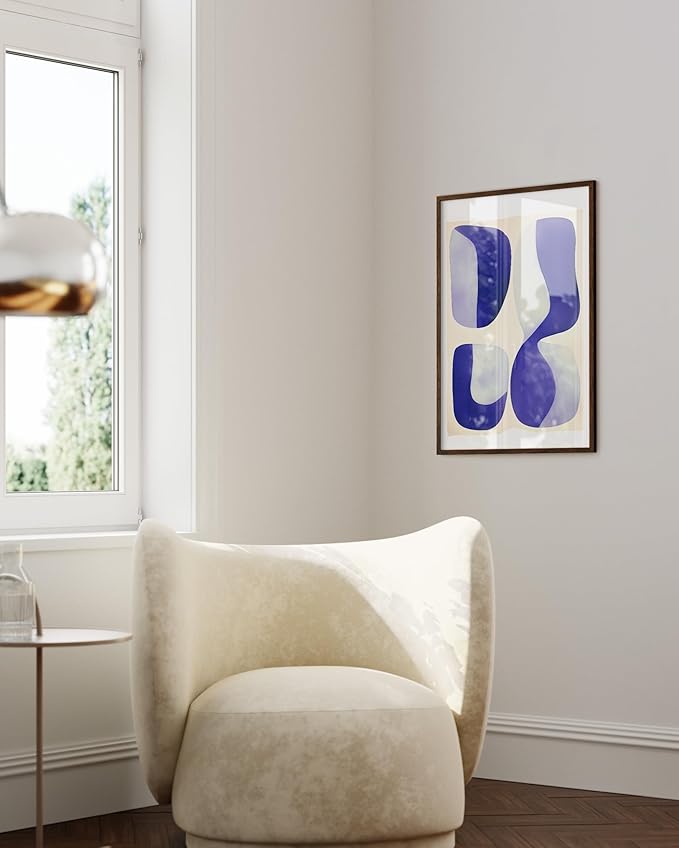 HAUS AND HUES Modern Abstract Wall Art - Blue and Green Living Room Art, Modern Artwork for Walls, Minimalist Picture for Living Room(Blue Tribal Shapes 2, Walnut Frame, 24x36)