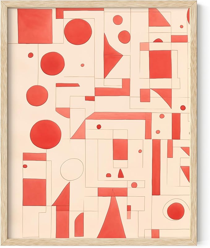 HAUS AND HUES Colorful Abstract Wall Art - Minimalist Retro Picture for Living Room Decor, Red and Pink Modern Wall Art Painting (Red Geometric, Beige Frame, 11x14)