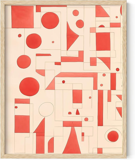 HAUS AND HUES Colorful Abstract Wall Art - Minimalist Retro Picture for Living Room Decor, Red and Pink Modern Wall Art Painting (Red Geometric, Beige Frame, 11x14)