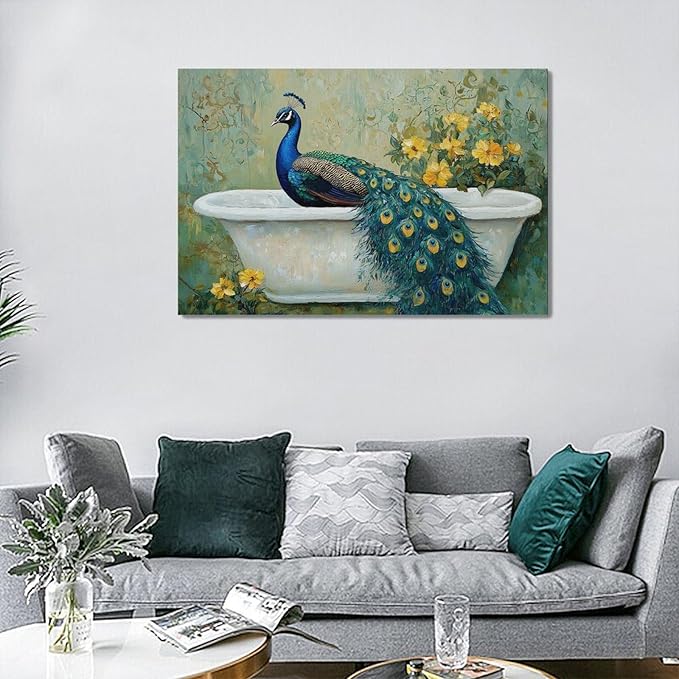 Fleruku Vintage Peacock Wall Art Elegance Bathroom Wall Decor Green Peacock Pictures Canvas Painting Artwork Home Decorations for Living Room Bedroom Office 24"x16"