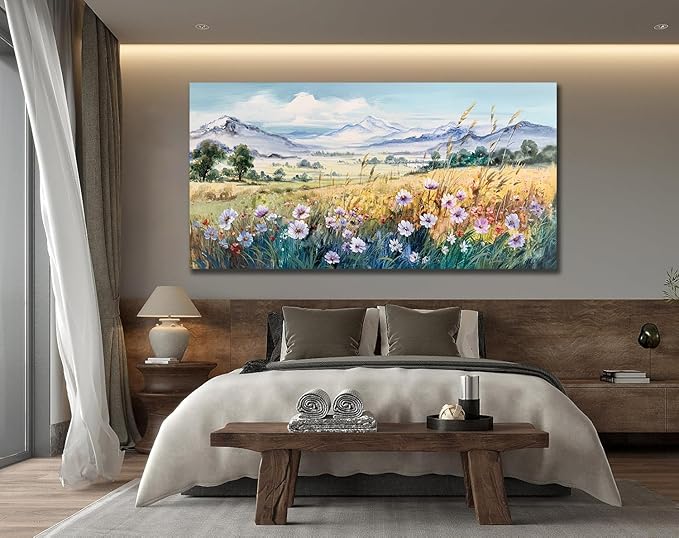 Anolyfi Rustic Farmhouse Canvas Wall Art Large Abstract Wildflower Landscape Painting Florals Mountain Picture, Textured Artwork Framed for Living Room Bedroom Bathroom Office Home Decor 40"x20"