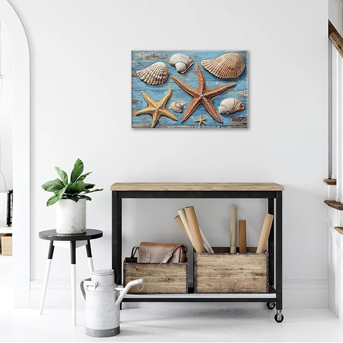 Olivine Seashell Wall Art, Coastal Starfish Pictures Wall Decor, Beach Theme Painting, Blue Seashell Canvas Prints, Framed Artwork for Bathroom Bedroom Living Room Office Home Decoration 24''x16''