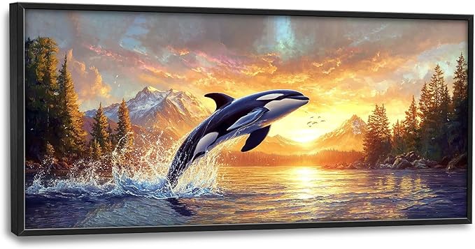 SweetFox Extra Large Orca Whale Sunset Framed Wall Art for Living Room, Ocean Wildlife Pictures Oversized Wall Decor Abstract Big Canvas Painting Print Artworks for Bathroom Bedroom 60L X 30W