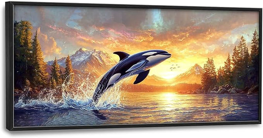 SweetFox Extra Large Orca Whale Sunset Framed Wall Art for Living Room, Ocean Wildlife Pictures Oversized Wall Decor Abstract Big Canvas Painting Print Artworks for Bathroom Bedroom 60L X 30W