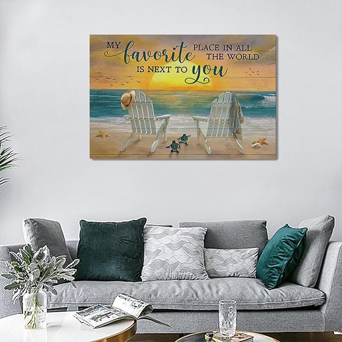 Fleruku Beach Wall Art Ocean Coastal Wall Decor Nautical Sunrise Sunset Sea Turtles Pictures Canvas Painting Artwork Home Decorations for Living Room Bedroom Bathroom Office 24"x16"