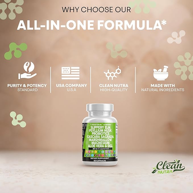 Clean Nutraceuticals Slippery Elm Psyllium Husk Pre Probiotic Digestive Gut Health Supplement with Aloe Vera Cascara Sagrada Marshmallow Root DGL Licorice Senna Extract
