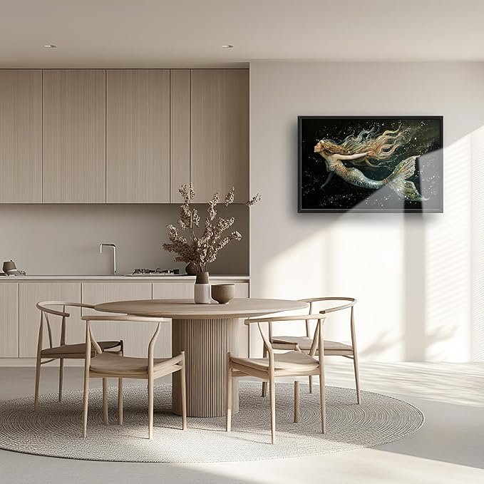 Mermaid Large Framed Wall Art for Living Room Golden Mermaid Pictures Wall Decor Ocean Print Painting Artwork Modern Home Decoration for Bedroom Office 36x24 inch