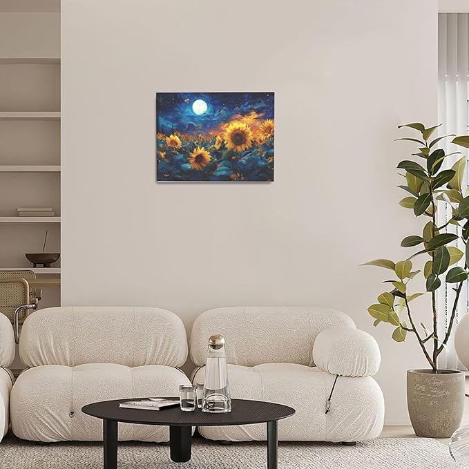 Sunflower Canvas Wall Art Starry Night Pictures Painting Yellow Floral Wall Decor Prints Framed Artwork Decoration for Living Room Bedroom Bathroom Dining Room Office 12"x16"