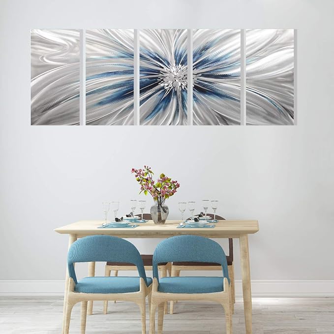 RICHSPACE ARTS Contemporary Metal Wall Art Blue and Silver Modern Sculpture Decor for Living Room 3d Flower Aluminum Artwork for Home and Office Farmhouse Style