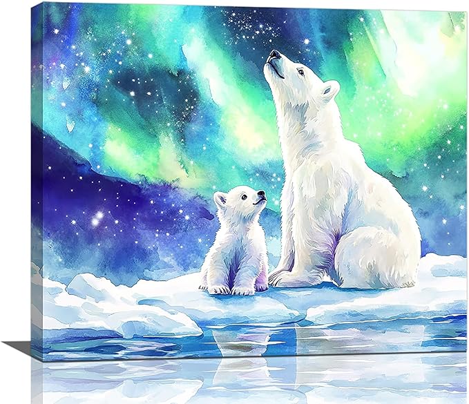 Olivine Polar Bear Wall Art, Northern Lights Pictures Wall Decor,Watercolor Polar Landscape Canvas Prints Paintings, Framed Artwork for Bathroom Bedroom Living Room Office Home Decoration 24"x20"