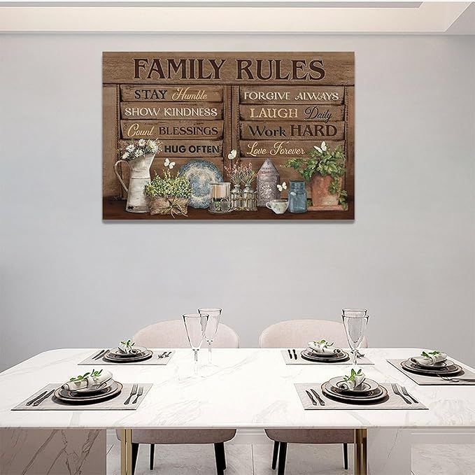 Country Family Rules Wall Art Farmhouse Inspiration Wall Decor Rustic Flower Home Sign Pictures Canvas Painting Artwork Home Decorations For Living Room Bedroom Bathroom Office 24"x16"
