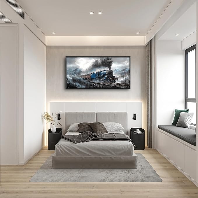 Kylora Train Wall Art Blue Gray Train Pictures Wall Decor Large Master Over Above Bed Canvas Bridge Prints Horizontal Modern Artwork Painting Home Office Decorations For Kitchen Bedroom 30"x60"