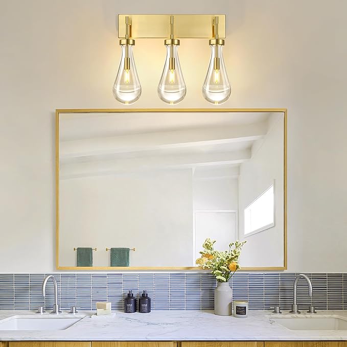 Raindrop Wall Sconces Gold Crystal Sconces Wall Decor Modern Brass Lighting Glass Bathroom Sconces Indoor Vanity Light Wall Lamp for Bedroom Living Room Stair(3-Light)