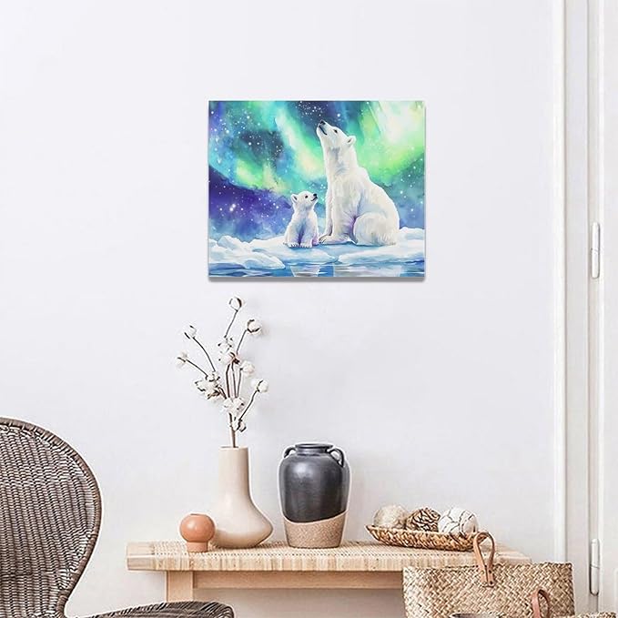 Olivine Polar Bear Wall Art, Northern Lights Pictures Wall Decor,Watercolor Polar Landscape Canvas Prints Paintings, Framed Artwork for Bathroom Bedroom Living Room Office Home Decoration 20"x16"