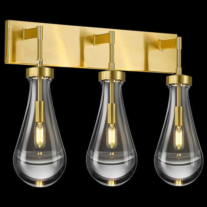 Raindrop Wall Sconces Gold Crystal Sconces Wall Decor Modern Brass Lighting Glass Bathroom Sconces Indoor Vanity Light Wall Lamp for Bedroom Living Room Stair(3-Light)