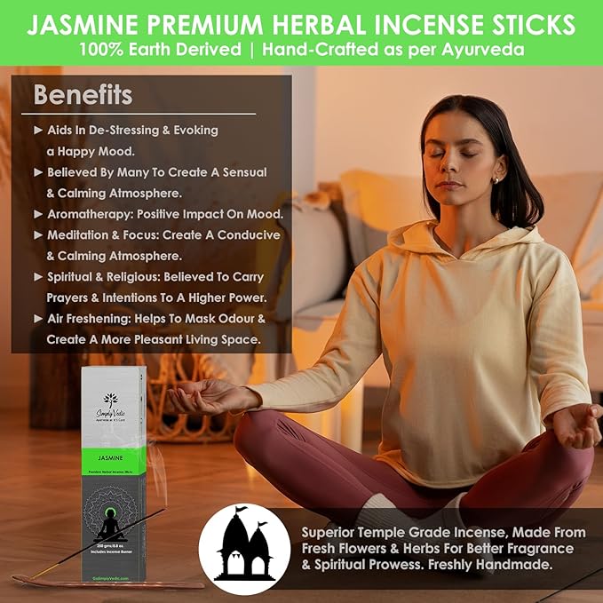Jasmine Incense Sticks – 250g Pack (Approx. 135 Handmade Sticks + Incense Holder) | 45-Minute Burn | Natural Essential Oils for Meditation, Yoga, Aromatherapy & Spiritual Use