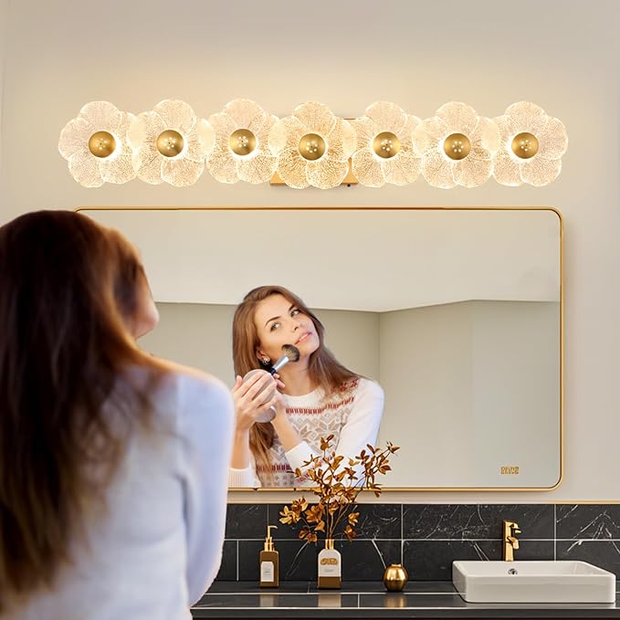 MantoLite Bathroom Light Fixtures Modern Vanity Over Mirror Adjustable 3000K-6000K Picture Lights Art Light with Floral Clear Glass Shades for Living Room Bedroom Wall Sconces (7 Gold)