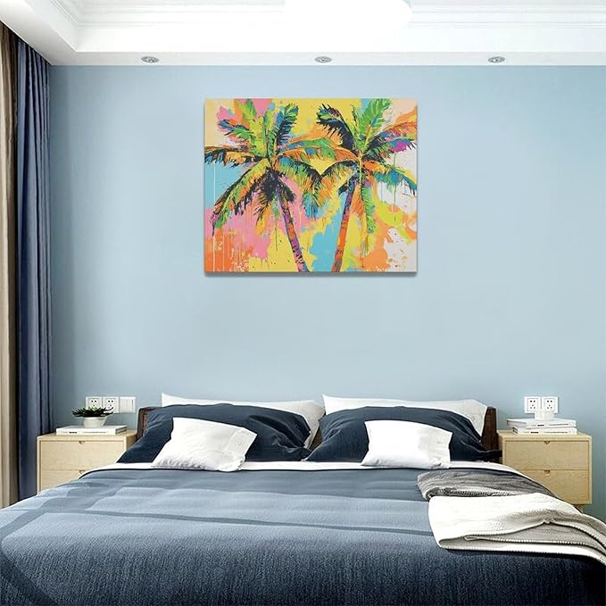 Olivine Tropical Wall Art, Palm Tree Pictures Wall Decor, Graffiti Painting, Colorful Summer Canvas Prints, Framed Artwork for Bathroom Living Room Bedroom Office Home Decoration 20"x16"