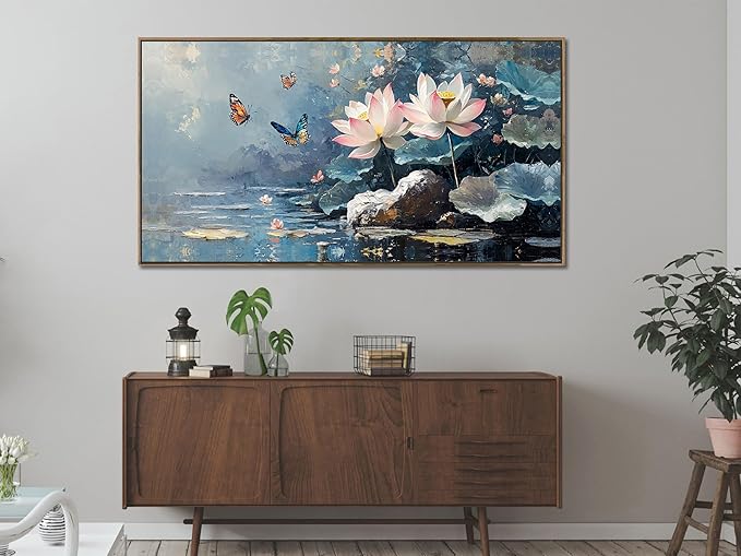 Ardemy Framed Canvas Wall Art Lotus Flower Painting for Living Room Blue Landscape Zen Butterfly Nature Artwork Bedroom Kitchen Bathroom Dining Room Home Office Spa Wall Decor, Large 40"x20"