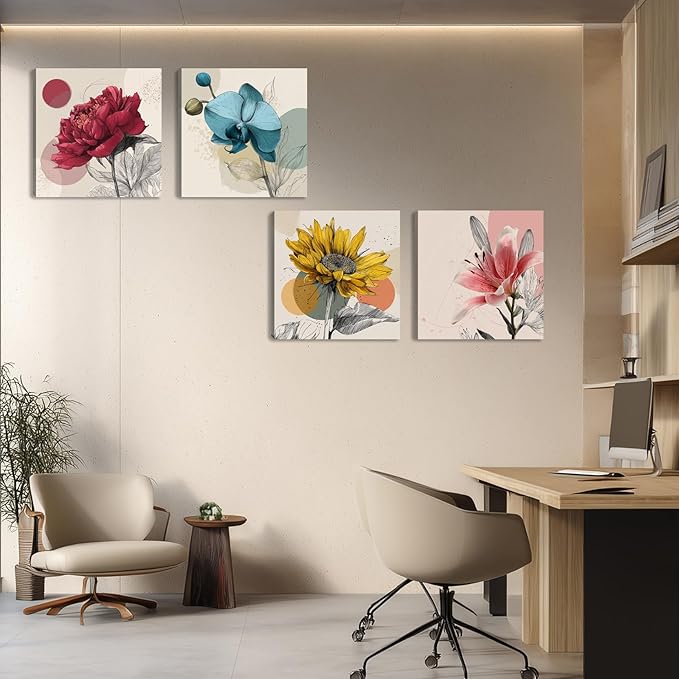 Framed Botanical Wall Art for Living Room Rustic Boho Floral Canvas Paintings Prints Flower Pictures for Farmhouse Hallway Bedroom Dining Room Bathroom Office Wall Decor ArtWork for Wall
