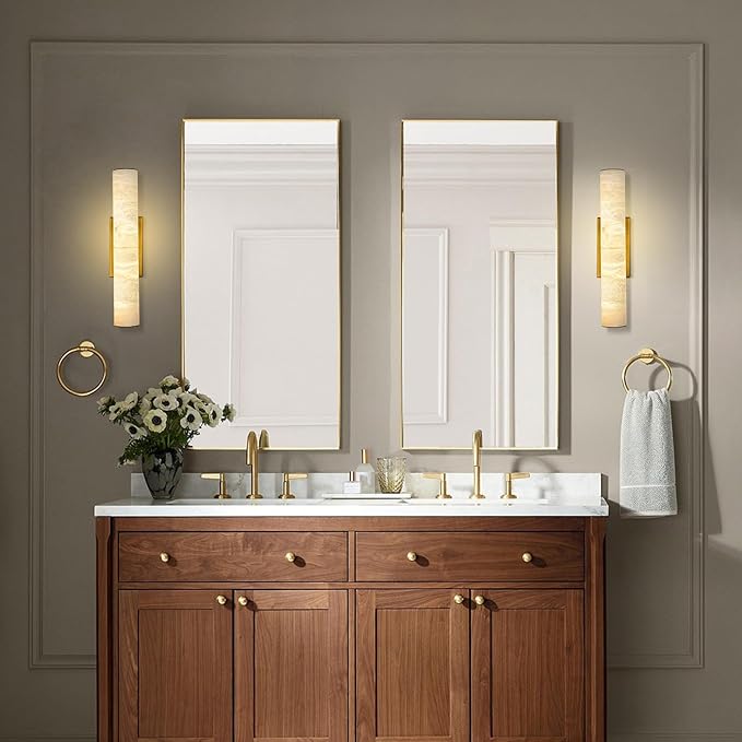 Alabaster Wall Sconces Gold, Spanish Natural Marble Wall Sconce, 20" Brass Wall Sconce for Bathroom, Indoor Stone Wall Sconces Dimmable, Alabaster Wall Light for Living Room, Bedroom, Hallway, Stairs
