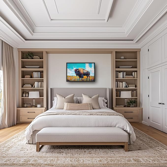 SweetFox Extra Large Colorful Western Bison Framed Wall Art for Living Room, Bison Pictures Oversized Wall Decor Abstract Big Canvas Painting Print Artworks for Bathroom Master Bedroom 36L X 24W