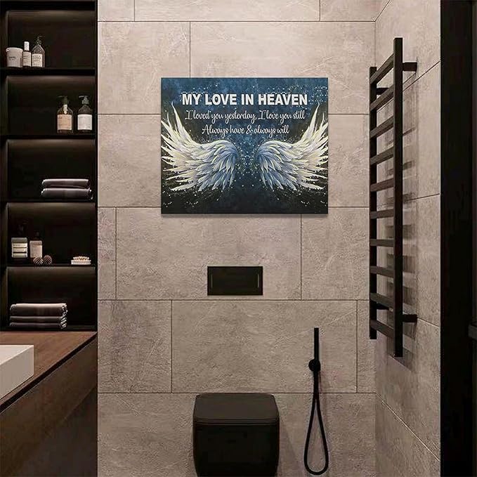 Fleruku Angel Wings Wall Art Memorial Motivational Wall Decor Wings My Love In Heaven Pictures Canvas Painting Artwork Home Decorations for Living Room Bedroom Bathroom Office 20"x16"