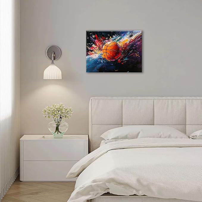 Olivine Basketball Wall Art, Graffiti Sports Picture, Colorful Sport Canvas Print Painting, Framed Artwork for Bathroom Bedroom Living Room Office Home Decoration 20"x16"