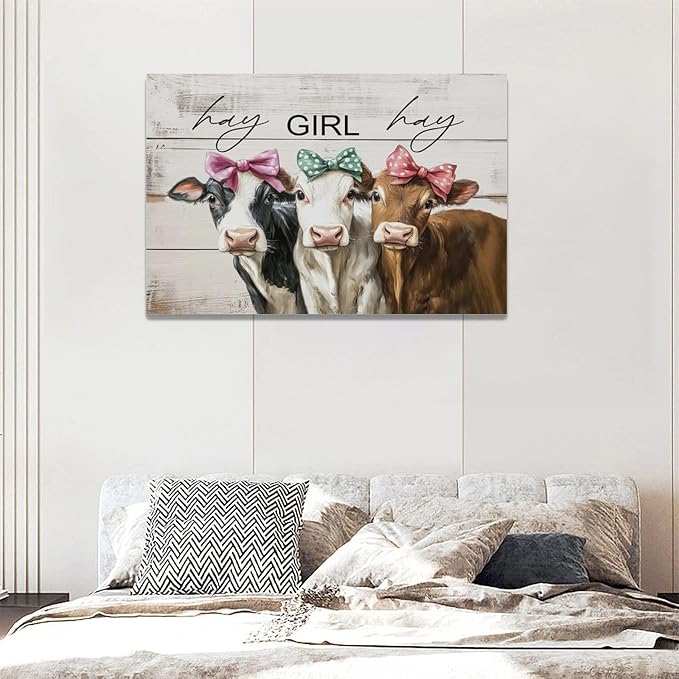 Olivine Cow Wall Art, Farmhouse Pictures Wall Decor, Cows Painting, Country Rustic Canvas Prints, Framed Artwork for Living Room Bedroom Bathroom Home Decoration 24"x16"