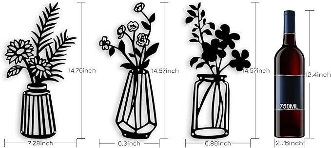 3 Pieces Black Metal Flowers Wall Decor Vase Art Sculptures Hanging for Indoor Kitchen Bathroom Dining Room Patio, 14.56x7.48 Inches