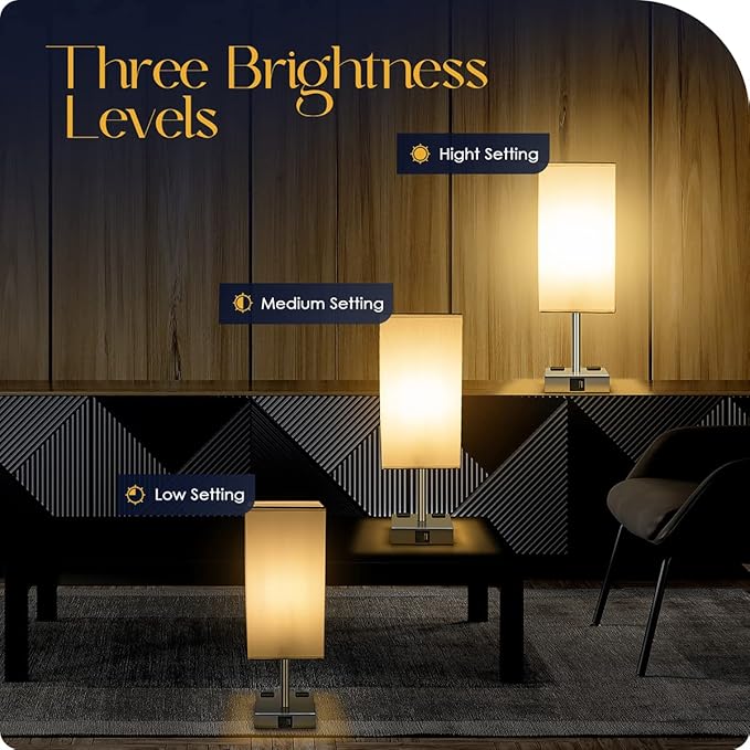 Bedside Lamp with USB Ports - Touch Control Table Lamp for Bedroom with USB C+A Charging Ports & AC Outlets, 3 Way Dimmable Nightstand Light for Living Room (LED Bulb Included, Chrome - White)
