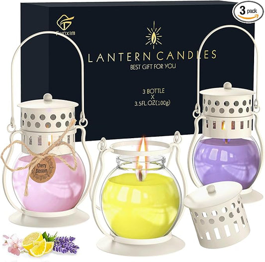 Scented Candles for Home, 3 Pack Retro Lantern Aromatherapy Candles for Lavender/Lemon/Cherry Blossom, Fall Candle Set, Soy Jar Candle Gifts for Women Men