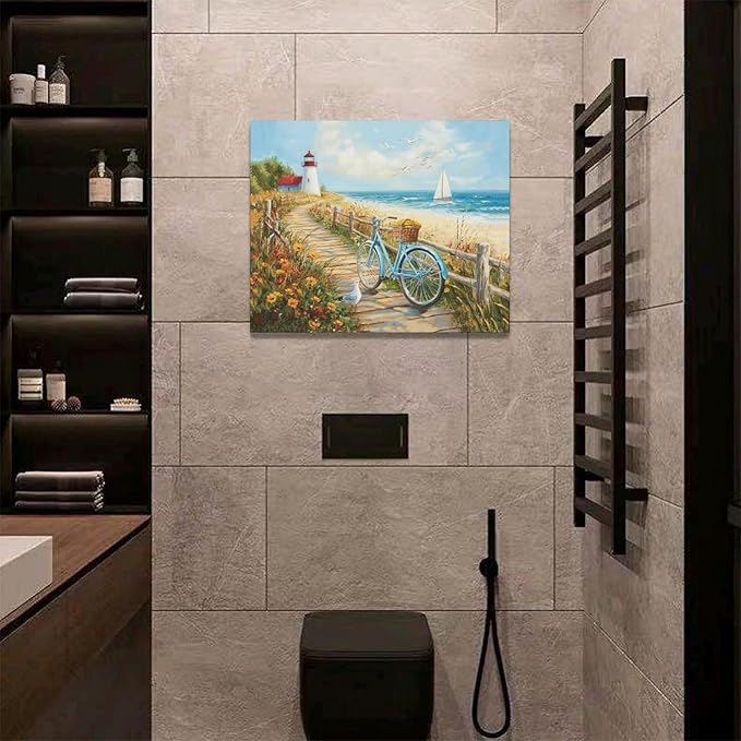 Olivine Coastal Wall Art, Beach Bicycle Pictures Wall Decor, Lighthouse Painting, Ocean Seascape Canvas Prints, Framed Artwork for Living Room Bedroom Bathroom Kitchen Office Home Decoration 20"x16"