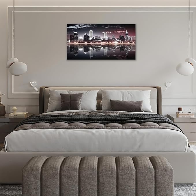 Chicago Skyline Wall Art City Night View Pictures Living Room Wall Decor Black Cityscape Large Canvas Prints Painting Modern Framed Artwork Above Bed for Diving Room Office 60"x30"