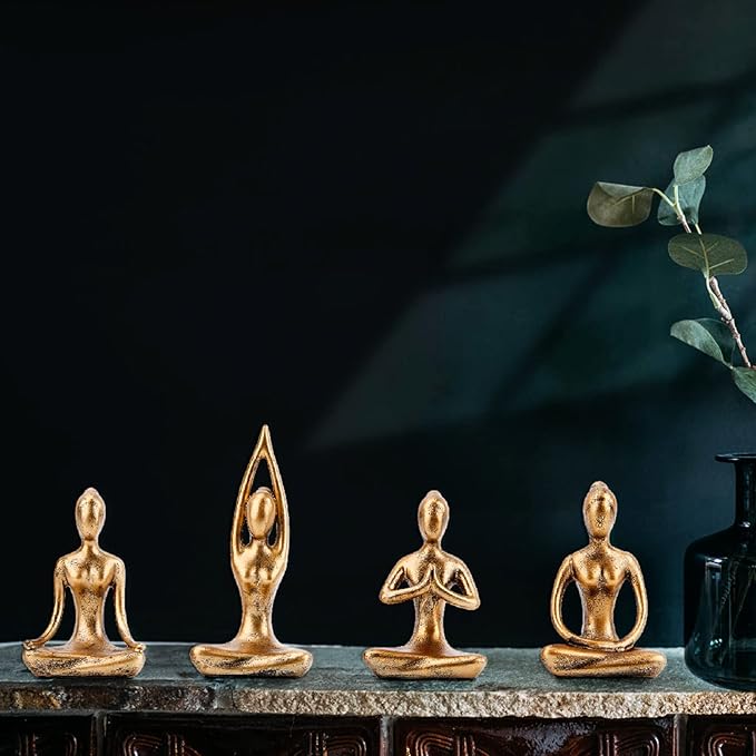 Leekung Yoga Statue Meditation Zen Decor - Yoga Statues for Home Decor,Small Yoga Figurines for Spiritual Room Decorations,Set of 4 Yoga Pose Statue Shelf Decor Accents Gold Color