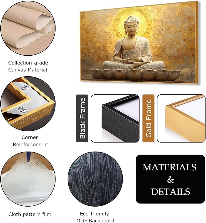 Golden Buddha Canvas Wall Art, Zen Buddha Canvas Print, Buddha Statue Wall Decor, Buddhism Canvas Art, Spiritual Wall Art, Meditation Buddha Wall Art, Gold Bedroom Decor, Home Decor (Gold Framed, 30"x20" | 76x51cm)
