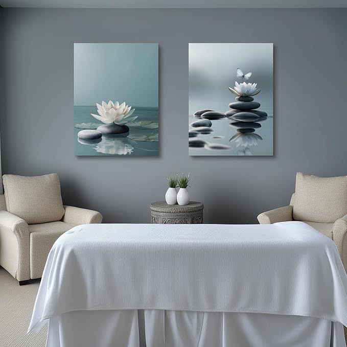GELDSTEI Calm Zen Botanical Canvas Wall Art, White Lotus Blooming on Stones in Water Aesthetic Pictures, Yoga Spa Meditation Room Decor, Modern Spiritual Poster Prints for Zen Office Framed 12"x16"x3