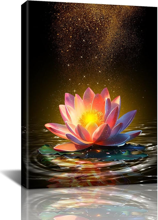 Lotus Floral Wall Art Prints,Framed Lotus Floral Canvas Prints Art for Zen Office Decor Wall Art Meditation Poster for Bathroom Home Decor(12"x16")