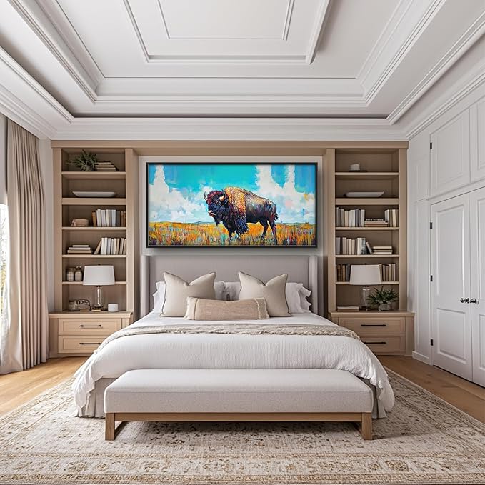 SweetFox Extra Large Colorful Western Bison Framed Wall Art for Living Room, Bison Pictures Oversized Wall Decor Abstract Big Canvas Painting Print Artworks for Bathroom Master Bedroom 60L X 30W