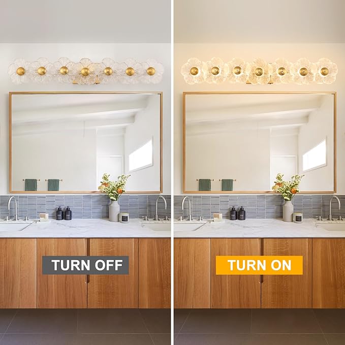 MantoLite Bathroom Light Fixtures Modern Vanity Over Mirror Adjustable 3000K-6000K Picture Lights Art Light with Floral Clear Glass Shades for Living Room Bedroom Wall Sconces (7 Gold)