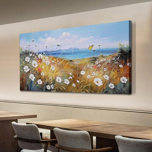 Anolyfi Flower Canvas Wall Art Nature Floral Landscape Textured Painting, White Wildflowers Daisy Butterfly Picture Artwork Large Framed for Living Room Bedroom Bathroom Office Home Decor 48"x24"