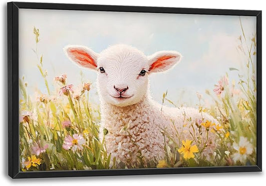 Kylora Lamb Wall Art Sheep Pictures Wall Decor Flower Field Prints Modern Artwork Christian Painting Home Office Decorations For Kitchen Bathroom Bedroom Dining Living Room 36"x24"