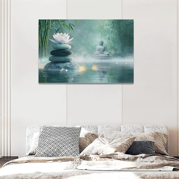 Olivine Zen Decor Wall Art, Lotus Pictures Wall Decor, Stones Flower Bloom Canvas Prints Painting, Framed Artwork for Meditation Bathroom Bedroom Living Room Office Home Decoration 24"x16"