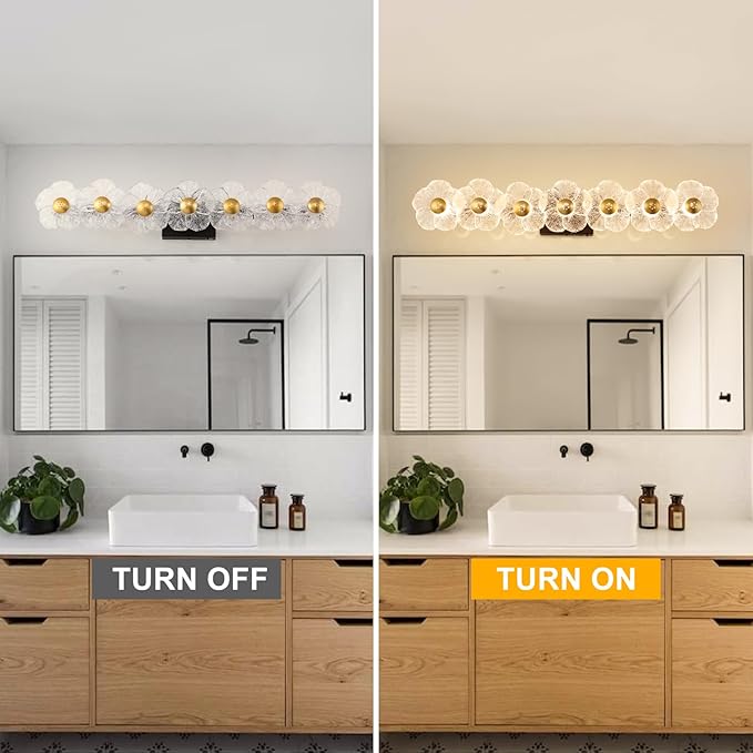 MantoLite Bathroom Light Fixtures Modern Vanity Light Over Mirror Adjustable 3000K-6000K Picture Lights Art Light with Floral Clear Glass Shades for Living Room Bedroom Wall Sconces (7 Light Black)