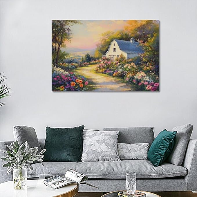 Olivine Garden Wall Art, Barn Pictures Wall Decor, Sunset Painting Vintage Village Garden Canvas Print, Framed Artwork for Living Room Bedroom Bathroom Office Home Decoration 24"x16"