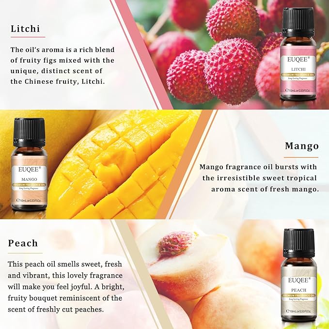 Premium Fruit Fragrance Oils Gift Set for So Sweet - 6x10ml-Strawberry, Cherry, Litchi, Apple, Mango, Peach - Scented Essential Oils for Diffuser, Candle Making