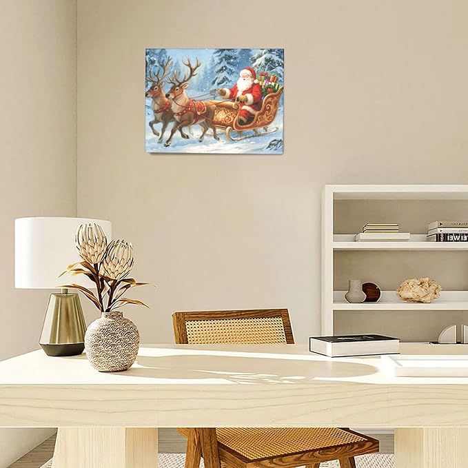Santa Claus Christmas Wall Art Winter Santa Claus Reindeer Canvas Wall Decor Winter Christmas Pictures Painting Artwork Decoration Framed Gifts for Women Girl Bedroom Living Room Dining Office 12"x16"