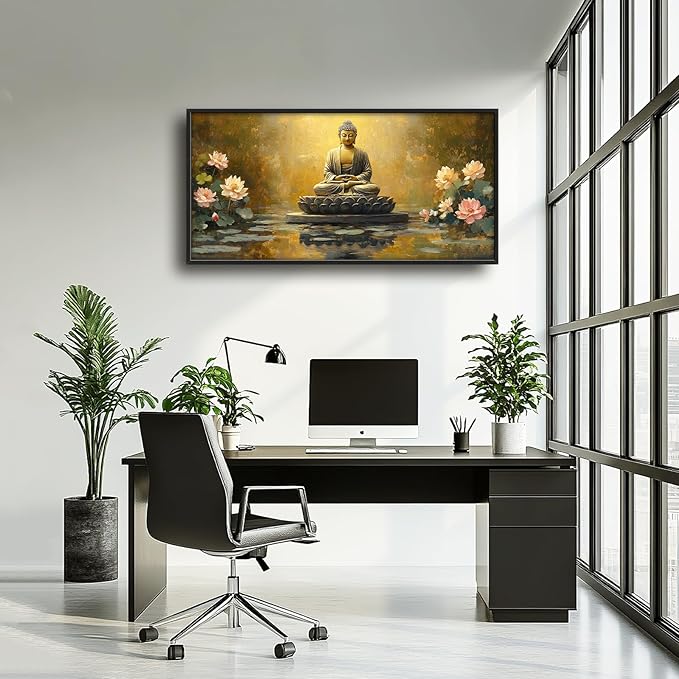 Buddha Large Wall Art Golden Buddhist Pictures Wall Decor Zen Lotus Big Canvas Painting Prints Framed Artwork Home Decorations Above Bed for Bedroom Living Room Dining Room Bathroom 60"x30"
