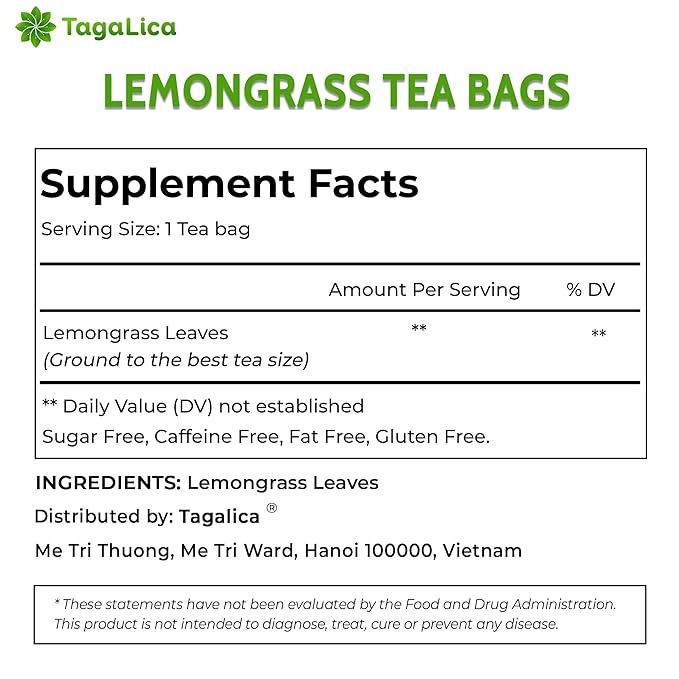 Tagalica, Premium 30 Lemongrass Tea Bags, 100% Natural & Pure Lemongrass leaves, Eco-Conscious Tea Bags, Lemongrass Herbal Tea. Lemongrass Leaf Tea. No Sugar, No Caffeine, No Gluten, Vegan.