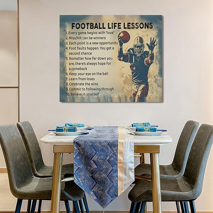 Farmhouse Football Wall Art For Boy Room Rustic Football Life Lessons Wall Decor Retro Football Sign Canvas Painting Artwork Home Decorations for Man Teenager Office Bedroom Living Room 24"x20"